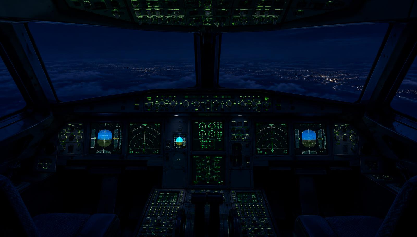 Illustration d'un poste de pilotage de simulateur la nuit, instruments allumés